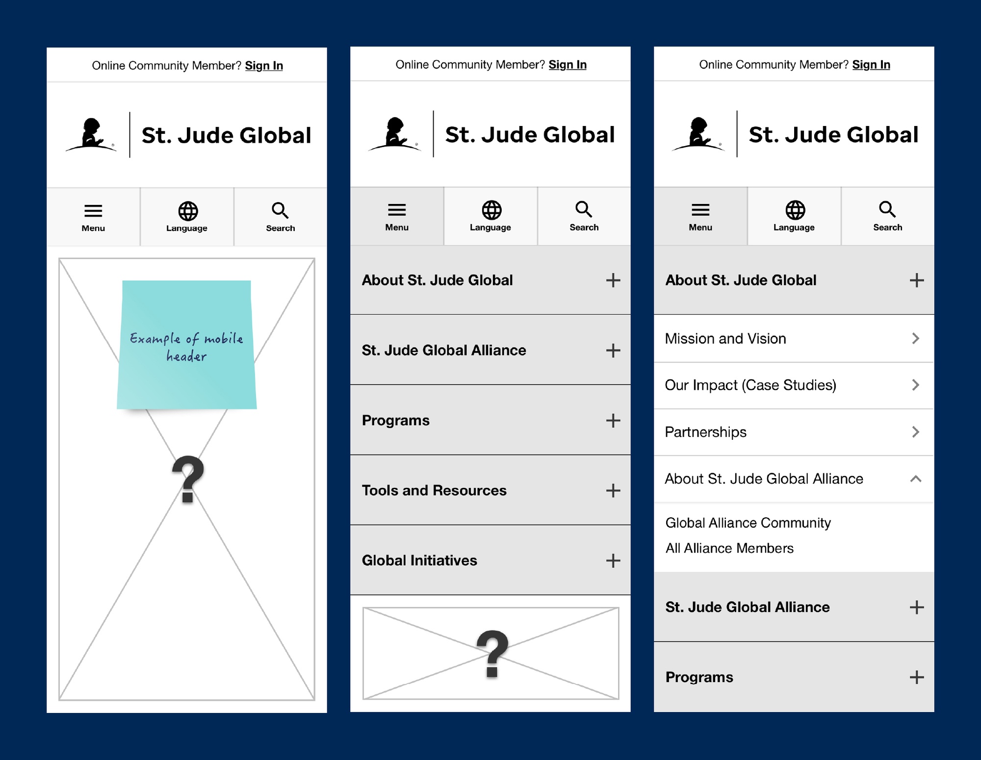 Wireframe images demonstrating mobile menu functionality for the St. Jude Global website