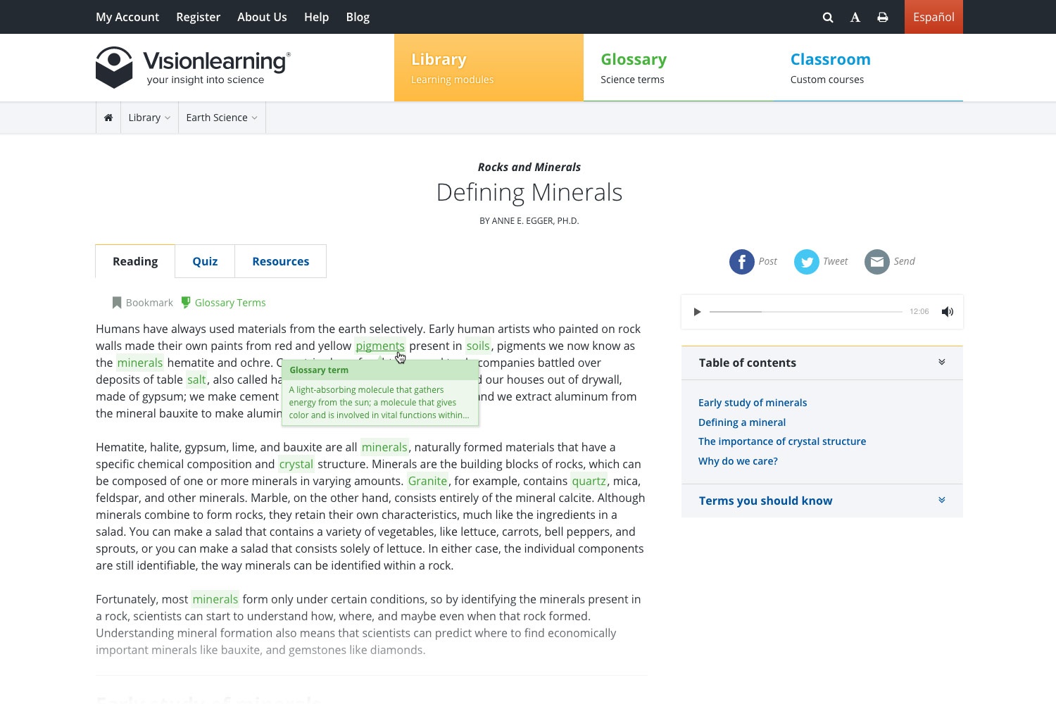 Visionlearning highlightable glossary terms