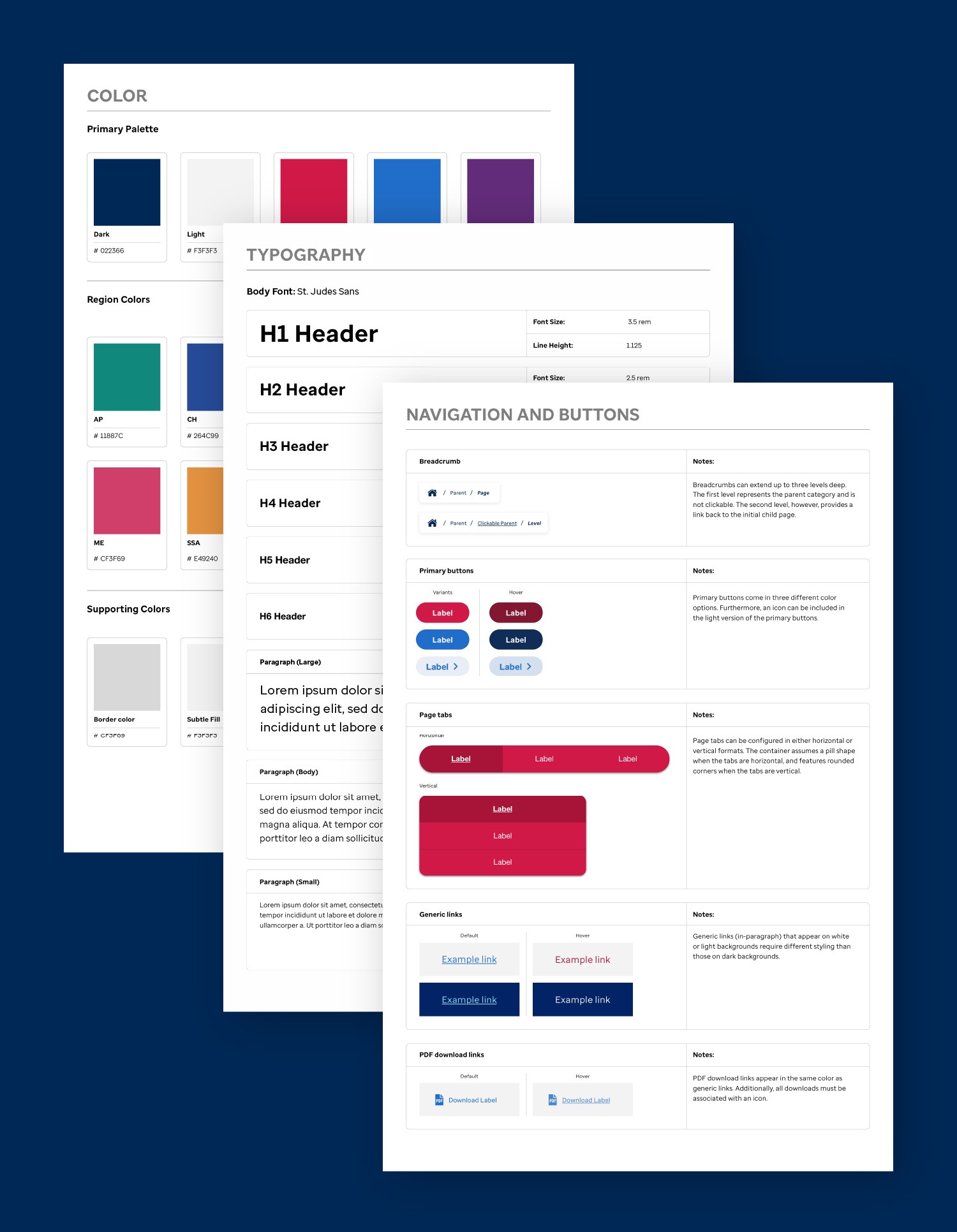 "Graphic showcasing three pages from the St. Jude Global website style guide