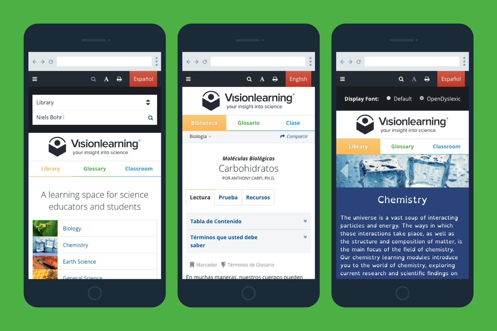 Depiction of the Visionlearning website on mobile devices